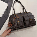 Bolsa de ombro feminina com vários bolsos, marrom café, elegante e versátil, bolsa crossbody com letras para viagens, trabalho, datas de compras