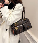 Bolsa de ombro feminina com vários bolsos, marrom café, elegante e versátil, bolsa crossbody com letras para viagens, trabalho, datas de compras