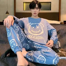 Conjunto de pijamas masculinos de primavera e outono de manga comprida calças compridas estudante pijamas homewear de duas peças o-pescoço superior calças xadrez