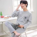 Conjunto de pijamas masculinos de primavera e outono de manga comprida calças compridas estudante pijamas homewear de duas peças o-pescoço superior calças xadrez