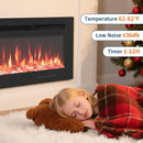 Lareira elétrica montada na parede, lareira ultrapaixa com controle remoto, aquecedor de 1800W, 12 cores, temporizador de até 12h/vidro temperado